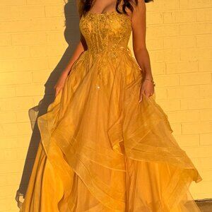JJ's House, Gold, 0, Gown, Princess, Square Floor-Length Tulle Prom Dress
